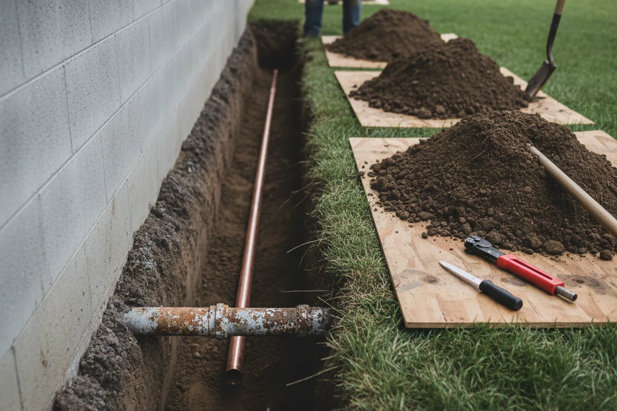 Excavated water line trench during Water Heater Repair in Wonder Lake